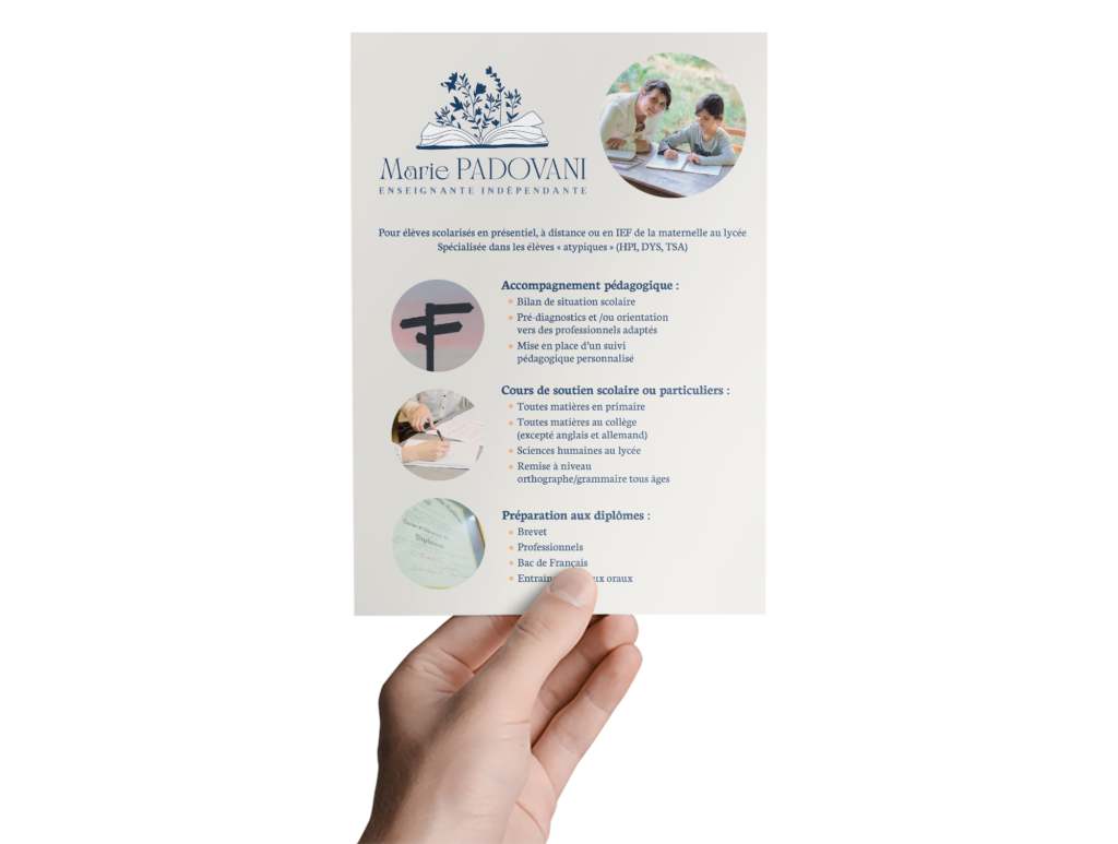 Création d'un support de communication flyer pour présenter l'activité de la cliente réalisé par une graphiste