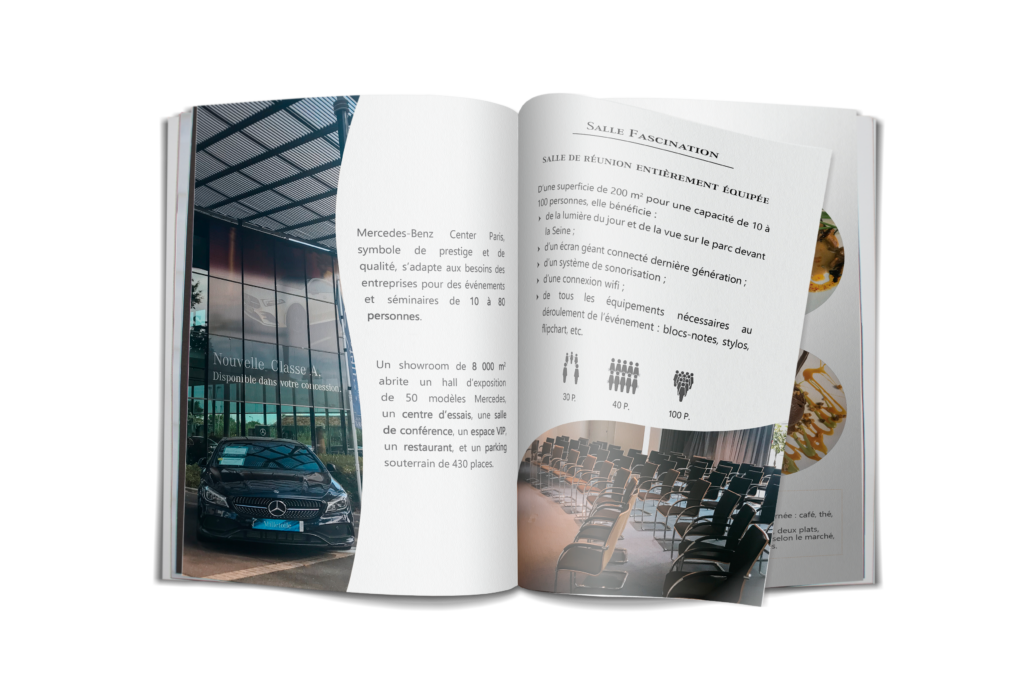 creation d'une brochure catalogue pour un vendeur de voitures qui souhaite proposer un service de location de salle 