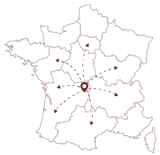 Carte de France, avec un point central dans la Creuse et des flèches pour signifier que LR Studio travaille dans toute la France à propos